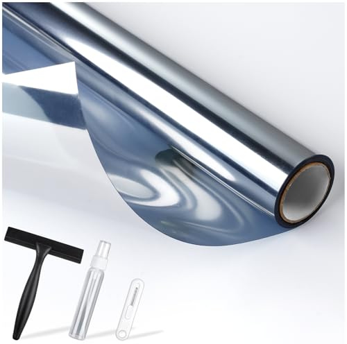 rabbitgoo Vinilos para Cristales Efecto Espejo con Kit de Instalación, Estatico Reutilizable, Lamina Solar Ventana Anti UV Anti Calor, Vinilos Espejo para Ventanas Privacidad, 44.5x200cm, Plata
