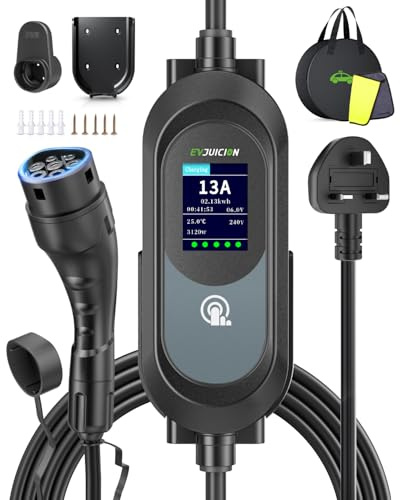 EVJUICION EV Charger 3 Pin Plug, 8M 3.1kW 6-13A 3 Pin EV Charger, Portable Electric Car Charger for up to 12H Delayed Start Charging with 2.4″ LED Screen, IP67 for EVs & PHEV
