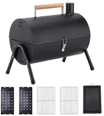 Barbecue a carbonella, a forma di barile, con manico, antiscivolo, per casa, campeggio, terrazza, giardino, balcone, picnic e attività all'aperto