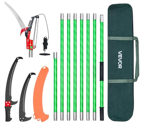 VEVOR Sierra de Pértiga Manual, Podadora de Pértiga Extensible de 118-809,3 cm con Tijeras, Hoja de Acero de 65 Mn, Mango Ligero de Fibra de Vidrio para Podar Ramas Altas, Palmeras y Arbustos