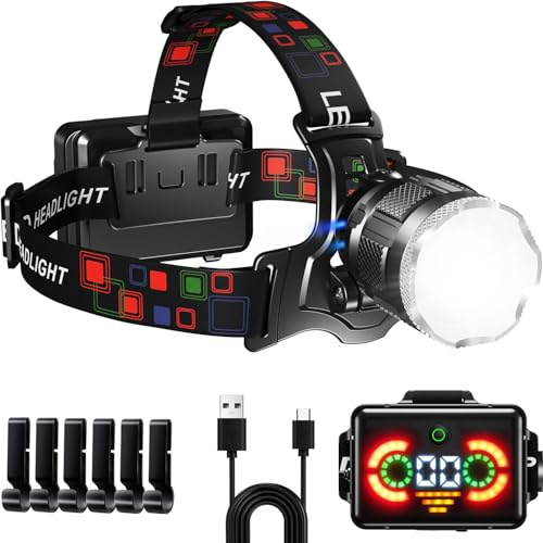 PEAKRO Torcia Frontale LED Ricaricabile, 98000LM Lampada Frontale con 5 Modalità & Sensore, 9000mAh USB Luce Frontale IP65 Impermeabile Torcia da Testa con Luce Avviso per Campeggio Trekking Pesca