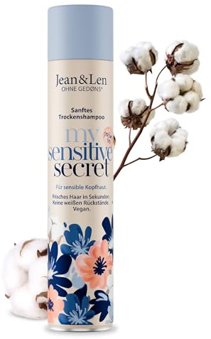 Jean & Len champú seco mi secreto sensible, para cueros cabelludos sensibles, con extracto de algodón y pantenol, ayuda con las raíces grasas, sin residuo blanco, sin perfume, 200 ml