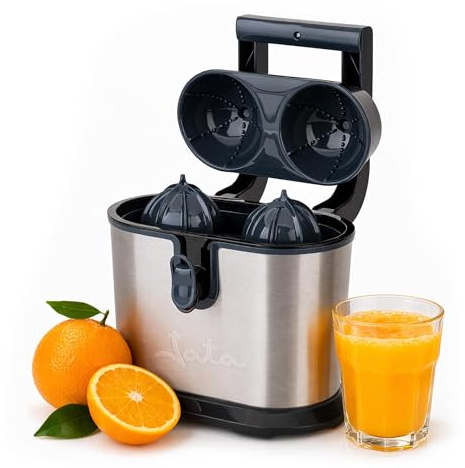 JATA JEEX1236 - Exprimidor de Naranjas Eléctrico Doble Cono 1100 W | Cuerpo de acero inoxidable | Sistema antigoteo | Piezas desmontables y lavables | Brazo articulado automático | Base antideslizante