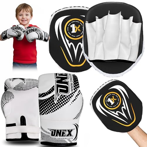 Boxing Gloves & Focus Pads Set 2oz Kids Boxing Gloves & Hook and Jab Pads for Training, Kickboxing, Muay Thai, Punch Bag, Sparring, MMA, Martial Arts, Taekwondo, Home & Gym Workout Equipment (BLACK)