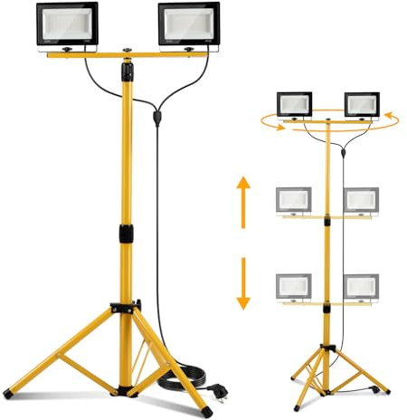 Projecteur de chantier ISOISL avec trépied 2x50W, projecteur LED 2x5000 lumens, télescopique réglable à 1,60 m, rotation à 360°, câble de 300 cm, IP66 pour garage, atelier, chantier, blanc froid