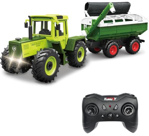 Bonikita Remote Control Tractor toy with Trailer, Automatic Lifting Function, LED Lights & 2 Rechargeable Batteries, Toy for Kids Aged 3+