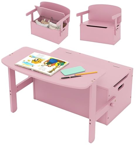 Set med bord och stol, 3-i-1 konvertibel leksaksbox i trä förvaringsbänk med handtag, småbarnsorganiserare möbler för daghem och lekrum, present till pojkar och flickor