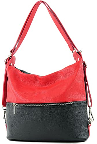 modamoda de T189 Damen Leder Rucksack Damentasche 2in1 handmade in Italy, Farbe:Schwarz/Rot