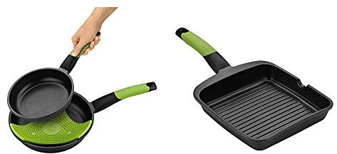 BRA Prior - juego de 2 sartenes de aluminio + 1 tapa protectora, 20 y 24 cm + PRIOR - Grill asador con rayas, aluminio fundido con antiadherente Teflon Classic, 28 cm