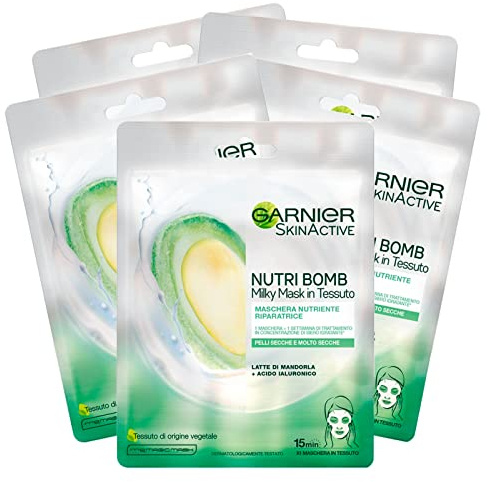Garnier Maschera in Tessuto Nutriente e Riparatrice Skin Active Nutri Bomb, Per Pelli da Secche a Molto Secche, Effetto Rimpolpante, Con Latte di Mandorla e Acido Ialuronico, Confezione da 5