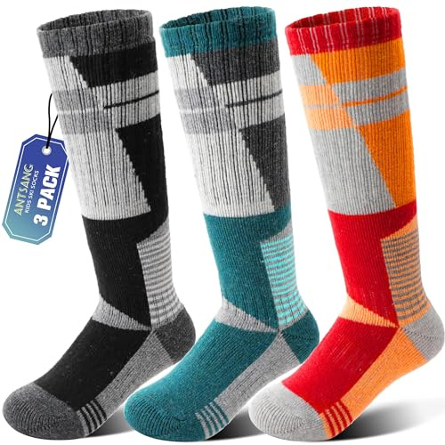 ANTSANG Calze Termiche Bambini Lana Merino per Sci Ragazzi Ragazze Inverno Calde Spesse Alte al Ginocchio per Sciare Snowboard 3 Paia(Grigio/Verde/Arancione,34-38)
