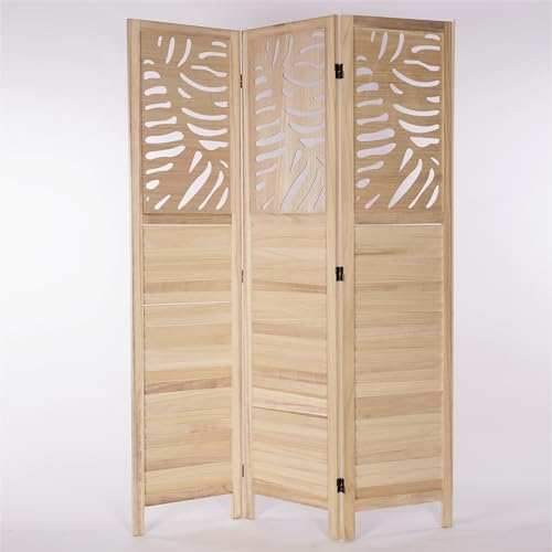 RAUMTEILER Palm | Holz, 170x120 cm, Natur | Paravent mit Schnitzerei, Raumtrenner mit Blatt Gravur, Natur Sichtschutz, Faltwand, Stellwand, Ankleide Trennwand