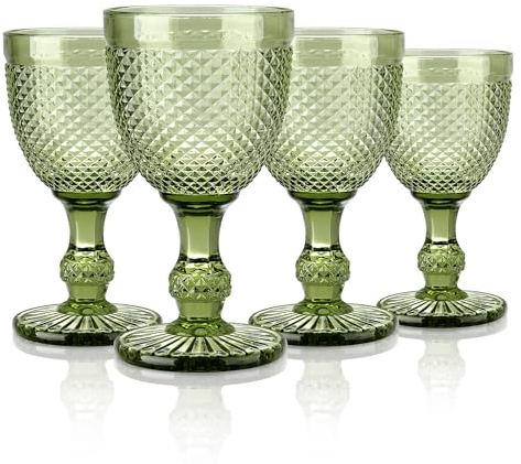 Joeyan 270ml Grün Vintage Weingläser mit Diamant Relief,Bunt Kelchgläser Weinkelch Set für Wein Saft Getränke,Set von 4 Trinkgläser Retro mit fuß, Spülmaschinenfest