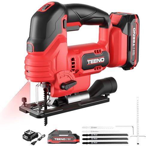 TEENO Seghetto Alternativo Senza Fili Per Due Batterie Makita 20V 2.0 AH, Seghetto Alternativo a Batteria Laser 800-3000 SPM, 6 VELOCITÀ, LED, Angolo ±45°, 5 lame per Legno, Plastica, Metallo
