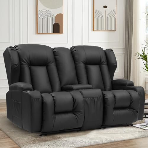 Oprisen Kunstleder 2 Sitzer Fernsehsessel Relaxsessel mit Liegefunktion, Kinosessel 2 Sitzer mit Konsole, 2er Relaxsofa mit Getränkehalter, Modern TV Sessel Liegesessel für Wohnzimmer (Schwarz)
