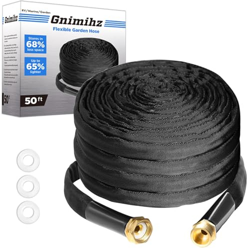 Gnimihz Garden Hose 50ft, Made of TPE(Not PVC), Ultra-Light & Flexible Water Hose with Solid Brass Fittings, Non-Shrinking, Easy to Storage, Drinking Water Safe Material, All-weather, Black, Newbox