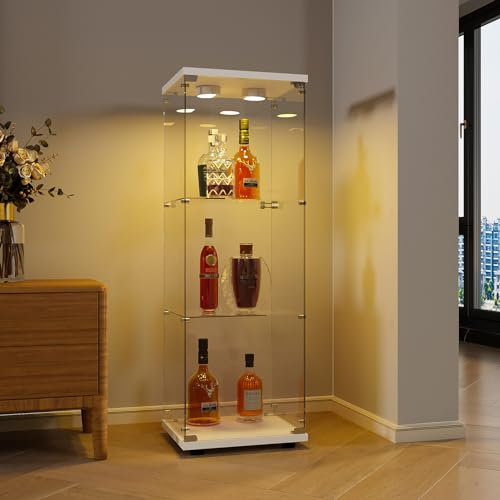MIOOSUT vitrina de cristal, 3 estantes, armario de almacenamiento de cristal con pie, vitrina LED, con 1 puertas y cerradura, para dormitorio y sala de estar, 36 x 42 x 125 cm (blanco LED, 1 puerta, 3