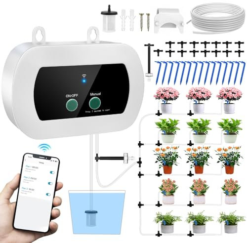 WiFi Automatisches Bewässerungssystem, APP Steuerung Intelligentes Zeitschaltuhr DIY Tropfbewässerungsset mit 15 Tropfdüsen für Garten, Balkon, Innenräume, Rasen & Hof