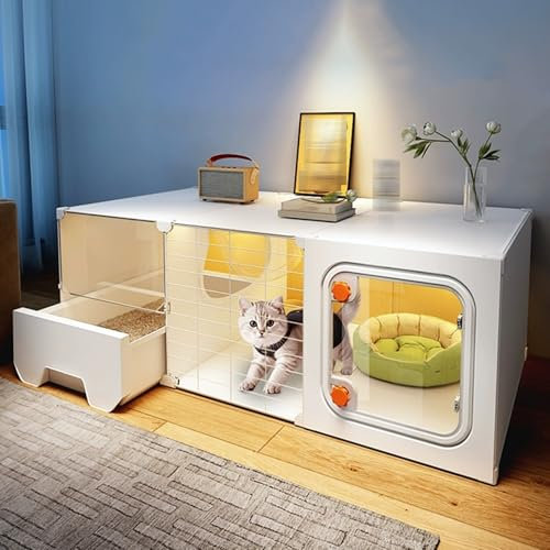 LXRHLIKG Casa para Gatos con Caja de Arena, Jaula para Gatos de Interior con Ventanas Transparentes y Cerraduras con Perilla, Casa de Gatos para Hurones, Chinchillas y Conejos(White,35cm/14in)
