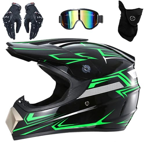 Caschi da Motocross Per Bambini E Ragazzi, Unisex, Per Adulti, Per Mountain Bike, BMX, MX, ATV, Set da 4 Pezzi Omologato DOT(905 Green Phantom,S(52-53cm))