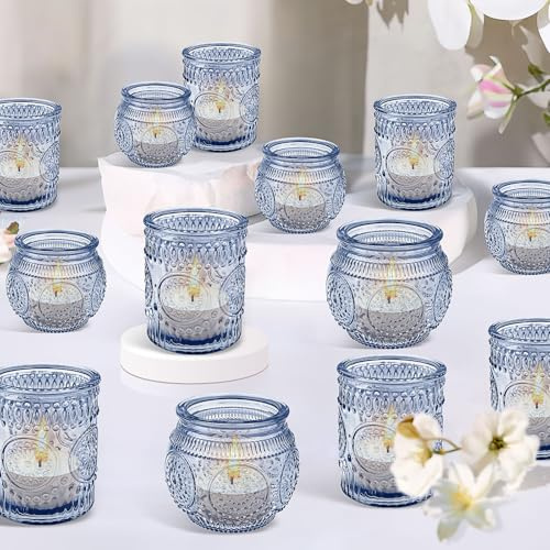 24 Stück Blau Glas Teelichthalter, 6 x 7 cm Teelichter Teelichtgläser für Hochzeit Deko, Prägung Kerzenhalter Windlicht Votivgläser für Kirche Geburtstag Esstisch Zuhause Weihnachte (Säule & rund)