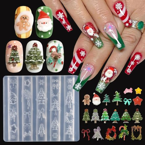 3D Christmas Nail Mold Silicone Nail Tools, Cute Santa Claus Snowflake Bell Bow Xmas Tree Nail Design Carving Template Resin Craft Making Tool Mould for Winter Holiday DIY Manicure Decorations