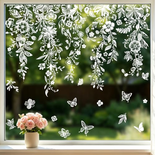 Tanlaby 9 Sheets Hanging Vine Flowers Window Stickers Spring Summer Leaves Floral Window Clings Leaf Plant Butterfly Decals for Home Glass Doors Party Wedding Mirror Decor