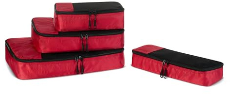 Amazon Essentials Ensemble de 4 Cubes de Rangement, Organisateurs de Voyage, Double Fermeture Éclair, Dessus en Maille, Polyester, Tailles S/M/L et Format Fin, Rouge (Anciennement Amazon Basics)