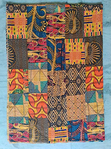 Coperta in stile indiano con patchwork Kantha, fatta a mano, cucita a mano, a blocchi di colori e motivi diversi, piumino, telo da spiaggia, copriletto, Sari
