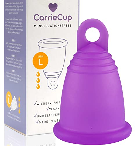 CarrieCup Menstruationstasse groß, Made in Germany inkl. Beutel - BPA-frei, Alternative zu Tampons und Binden, silikonfrei, Menstrual Cup Lila