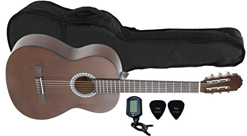 GEWA guitare de concert, guitare Basic, corps en tilleul, touche en bois de pakka, mécaniques chromées, Set 4/4 couleur noyer, inclus housse, accordeur, médiators