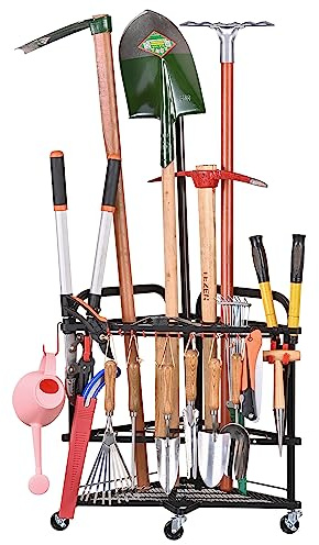 PLKOW Garden Tool Organizer with Wheels and Storage Hooks, Rolling Corner Tool Storage Rack for Garden, Shed, Garage, Powder Coated Steel, Black