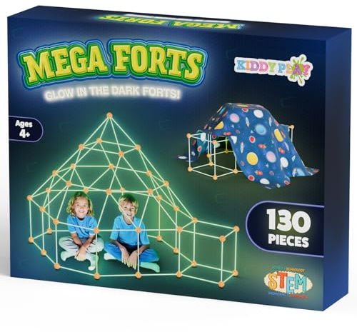 KiddyPlay Mega Forts - 130 Piece Fort Building Kit For Kids - Glow in the Dark DIY Den Making Kit - Build a Fort Den Building Kit
