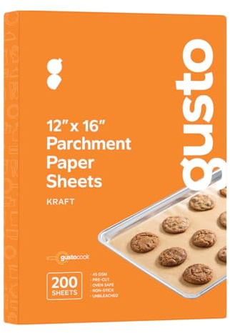 GUSTO 12 x 16 Inch Pre-Cut Parchment Paper Sheets [200 Count] Unbleached, Non-Stick Baking Paper for Cooking & Baking - Kraft (Formerly Comfy Package)