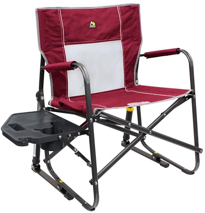 GCI OUTDOOR Freestyle Rocker XL with Side Table Camping Chair | Portable Folding Rocking Chair with Solid, Durable Armrests, Drink Holder & Comfortable Backrest — Red