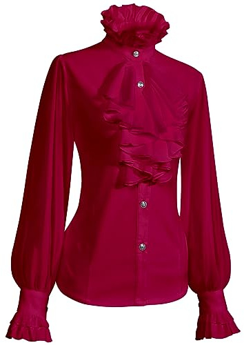 SUNGDOGIN Womens Victorian Vintage Long Sleeve Shirt Ruffle Stand Collar Blouse Gothic Medieval Tops Burgundy