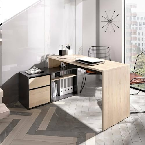 Dmora - Scrivania Gardena, Scrittoio multiposizione da ufficio o cameretta, Tavolo da studio angolare multiuso, 139x92h75 cm, Rovere e Antracite