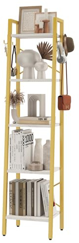 YMYNY 160CM Librería, Estantería de Escalera con 4 Ganchos, Estantería de 5 Niveles, para Salón Dormitorio Cocina Oficina en Casa, Estilo Industrial, Marco de Metálica, Mármol Blanco y Dorado HBC025W