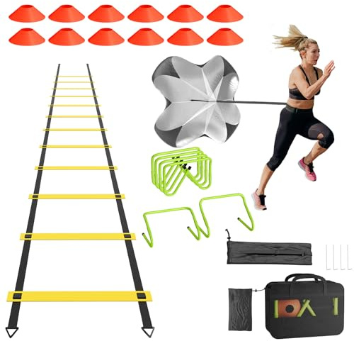 ACXIN Set di allenamento per calcio, calcio e calcio con scala di coordinazione da 6 m, 10 coni, 5 fasce di resistenza, dispositivo fitness per velocità e agilità