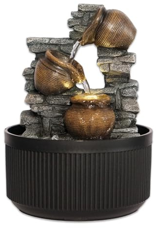 Fontana da tavolo in pietra rustica con 3 brocche a cascata, rilassante, cascata interna per arredamento, ufficio e sale di meditazione, 17 x 17 x 23 cm