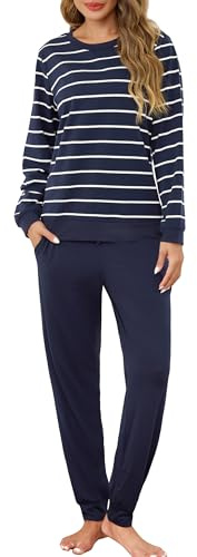 Lovasy Pigiama in Cotone Donna Invernali Caldo Set Pigiama a Maniche Lunghe | Pigiami Due Pezzi Leggero con Scollo Girocollo Casual Sleepwear con Tasche S-XXL