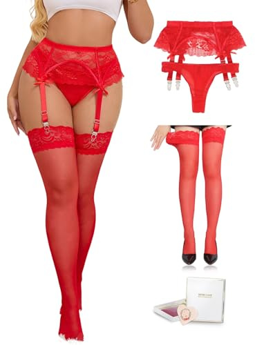 ohyeahlady Plus Size Stockings and Suspenders Lingerie Sets Sexy Lace Suspenders Women High-waisted Garter Belt,Box Package,Thong Included Red M-L