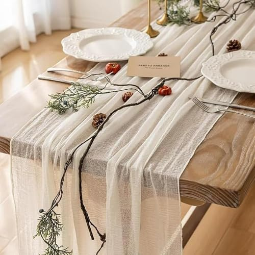 FOLAI Boho Tischläufer aus Käsetuch Table Runner Table Cloth – Rustikale Hochzeitstischdeko für Brautdusche, Geburtstag & Feiern (90x300cm) – Öko-Baumwolle & Wiederverwendbar（Cremefarben）