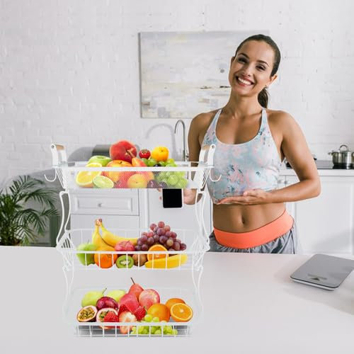 HUOLE Cestino per frutta e verdura per bancone da cucina, cesto portaoggetti in filo metallico porta frutta per pane snack, con 2 grucce a forma di banana--37 x 22 x 55,5 cm, bianco