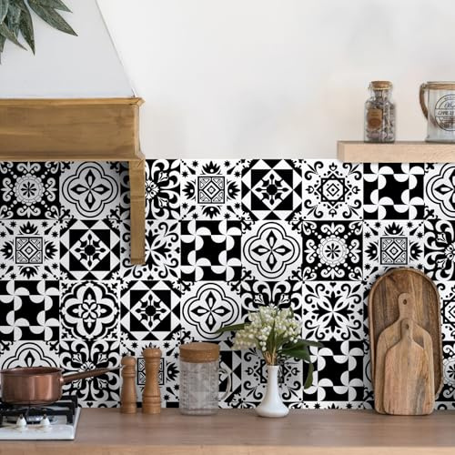 Tile Stickers for Kitchen Bathroom 50pcs - Self Adhesive Wall Tiles Black and White - Peel and Stick on Wall Tiles Kitchen Moroccan - Tile Sticker for Backsplash Splashback Waterproof Vinyl 15x15cm
