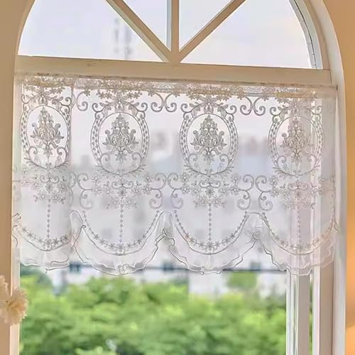 Vit spets veckad gardin kappa vintage blommig broderad kort ren kafé gardin för kök fönster stång ficka uddig botten pärlor ren kappa 1 panel (vit, 177 cm B x 65 cm L (paket med 1))