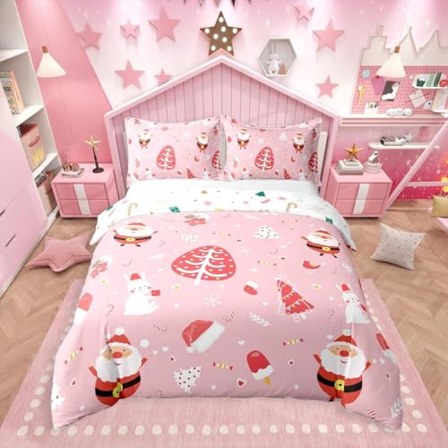 Loussiesd Parure de lit 3 pièces pour lit double avec couette piquée incluse, motif Père Noël, lapin mignon, rose pour enfants, garçons et filles