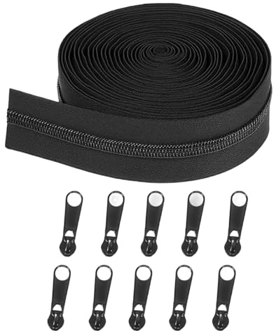Endless Zip with Zip, 10 Metres Nylon Zip Sold by the Metre and 10 Black Zippers, Ideal for Clothes, Bags, Bedding and DIY Projects