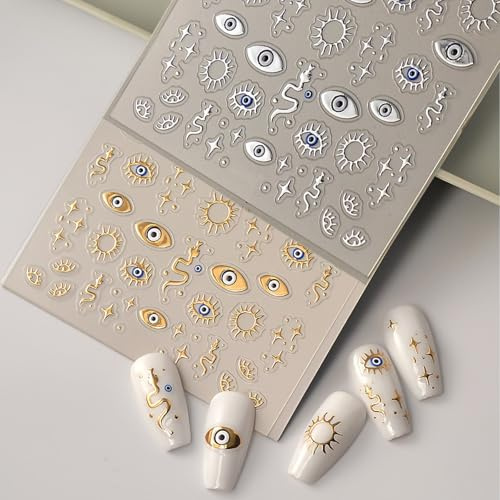 2 Sheets Eyes Sun Star Nail Art Stickers, Wsimily Self-Adhesive Nail Decals for DIY Manicure, Nails Art Design Decoration Accessories Nail Supplies for Girls Women