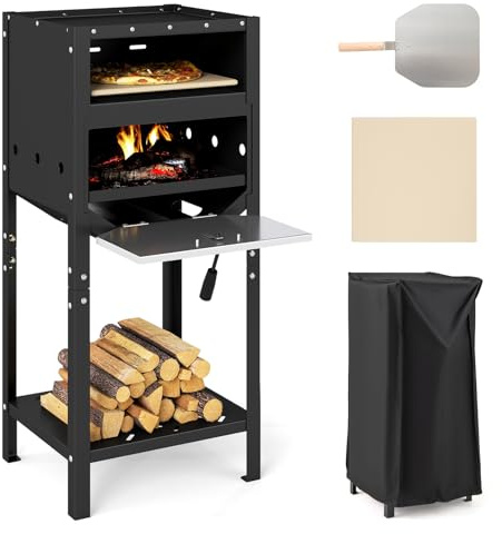 COSTWAY Outdoor Pizza Oven, Freestanding Wood-Fired Pizza Stove with Oxford Cloth Cover, Ash Tray, Wood Storage, Pizza Stone and Pizza Peel, Multi-Fuel Pizza Maker for Camping & BBQ